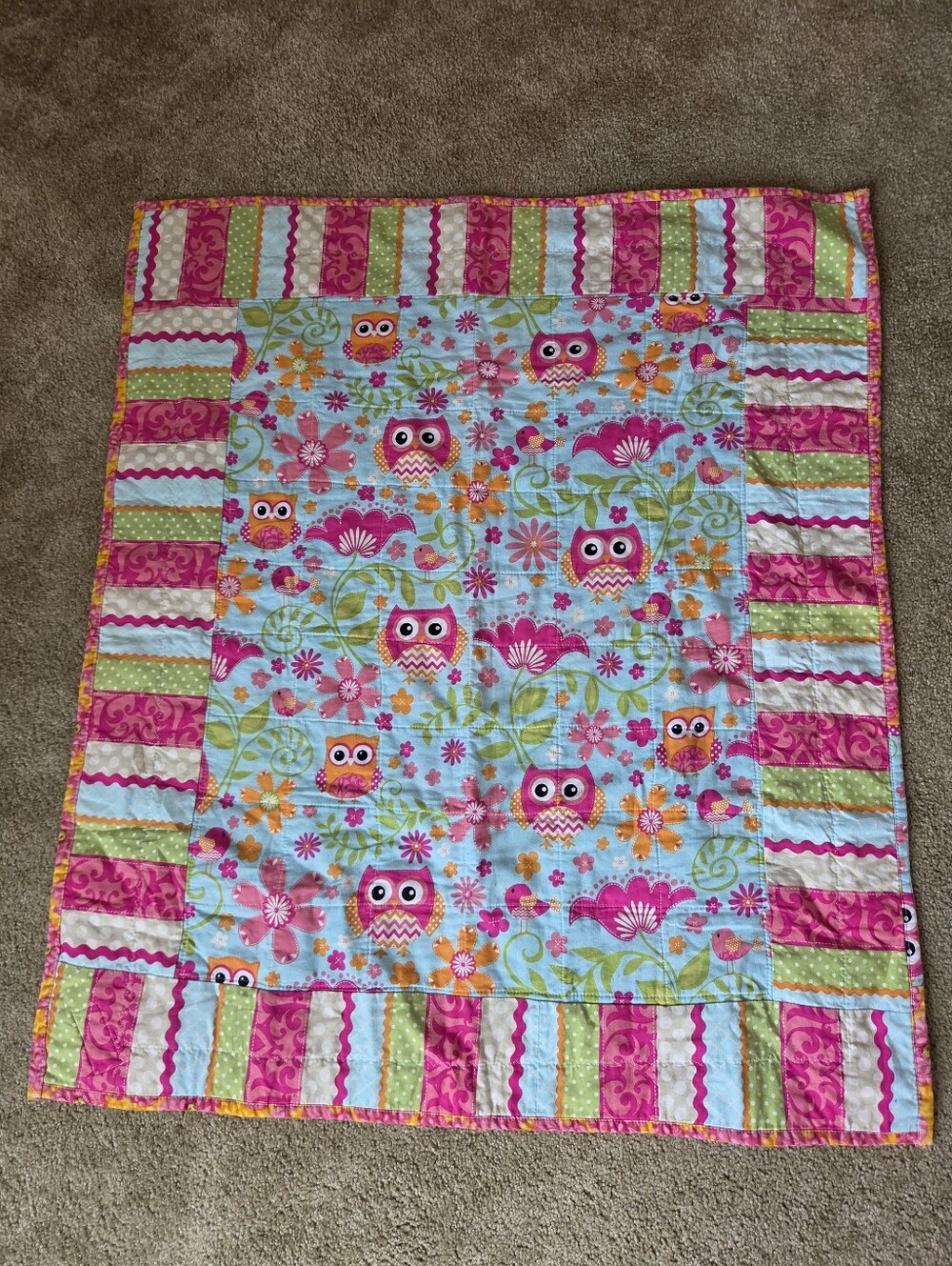 Bright Owl Print Baby Quilt in Pink, Aqua, and Orange